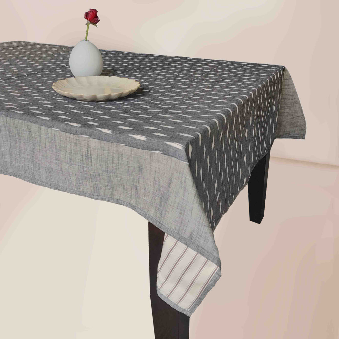 Reversible Ikat Tablecloth - Gray Ikat and Stripes